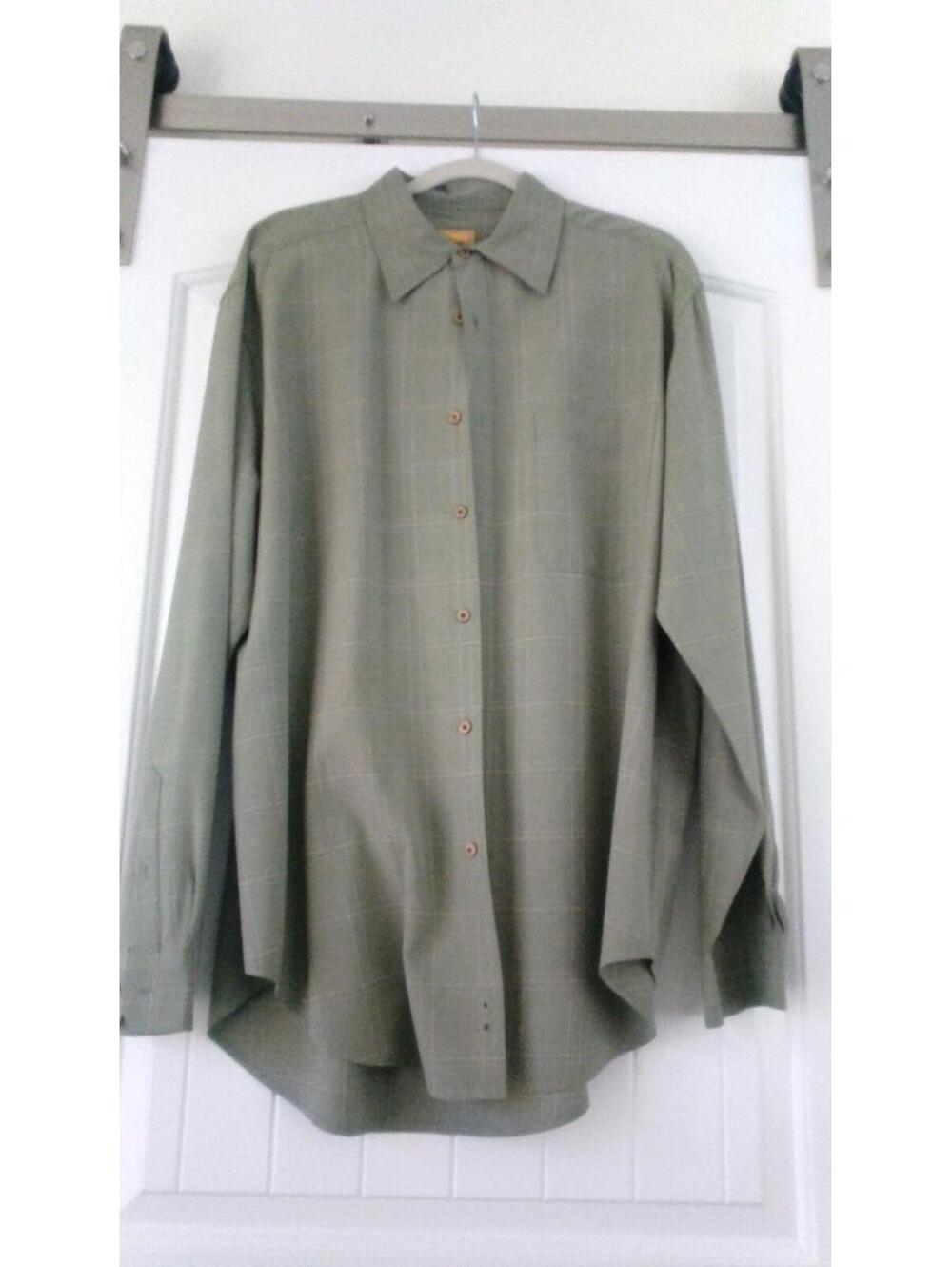 Men's Shirt. 100% Silk. Olive green w/tan stiching/squares. Dress up/down.